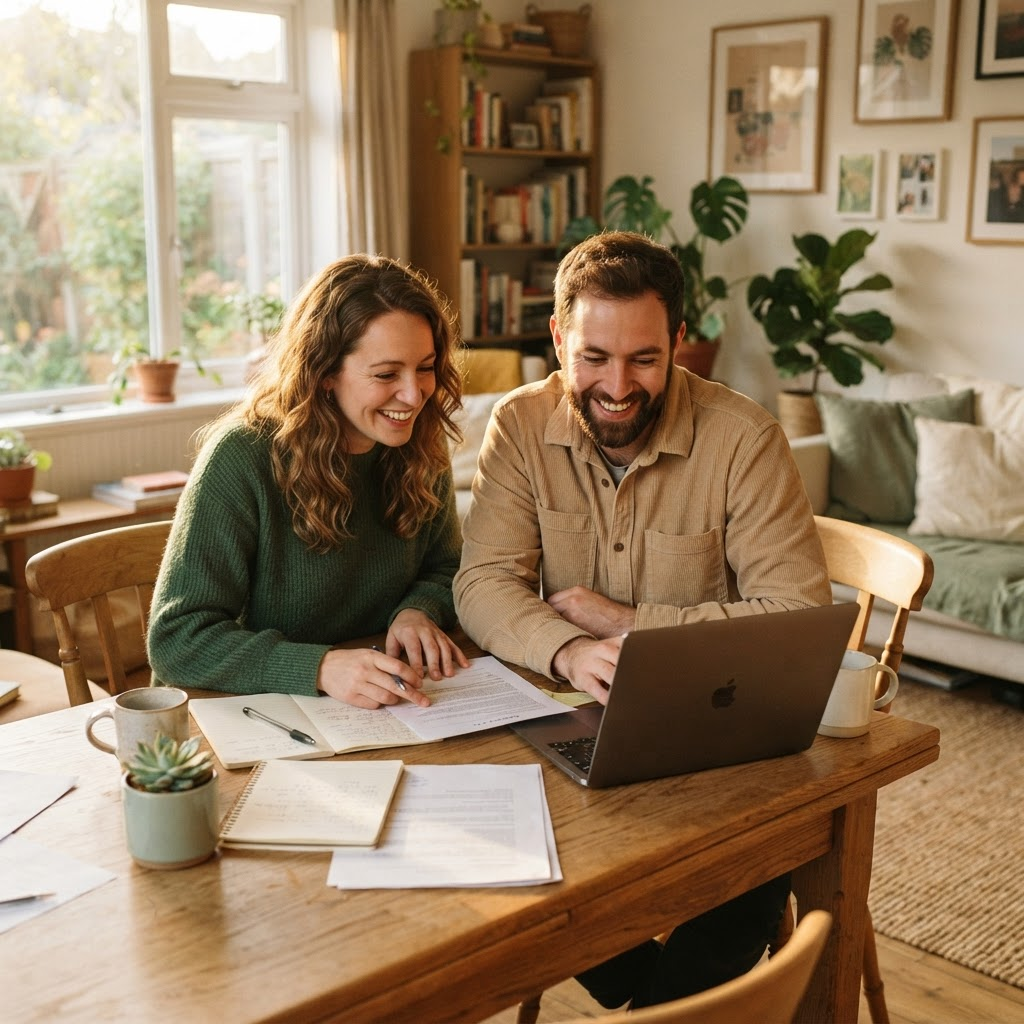 A couple reviewing their finances together at home
